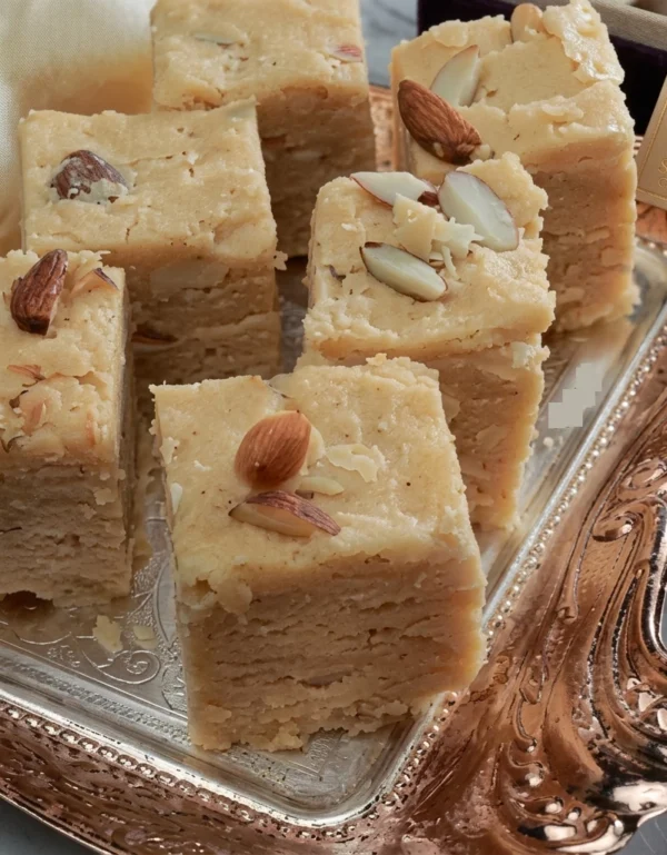 Fresh Kasuri Patisa flaky sweet made with desi ghee and garnished with almonds and pistachios